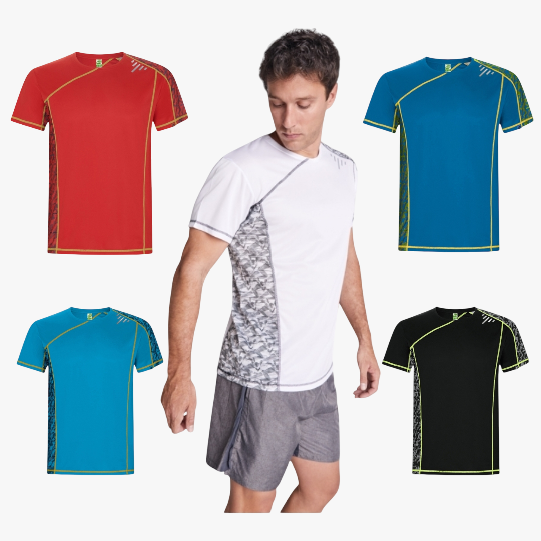 Ref. 0426 - Sochi - T-shirt técnica de manga raglan com encaixes estampados
